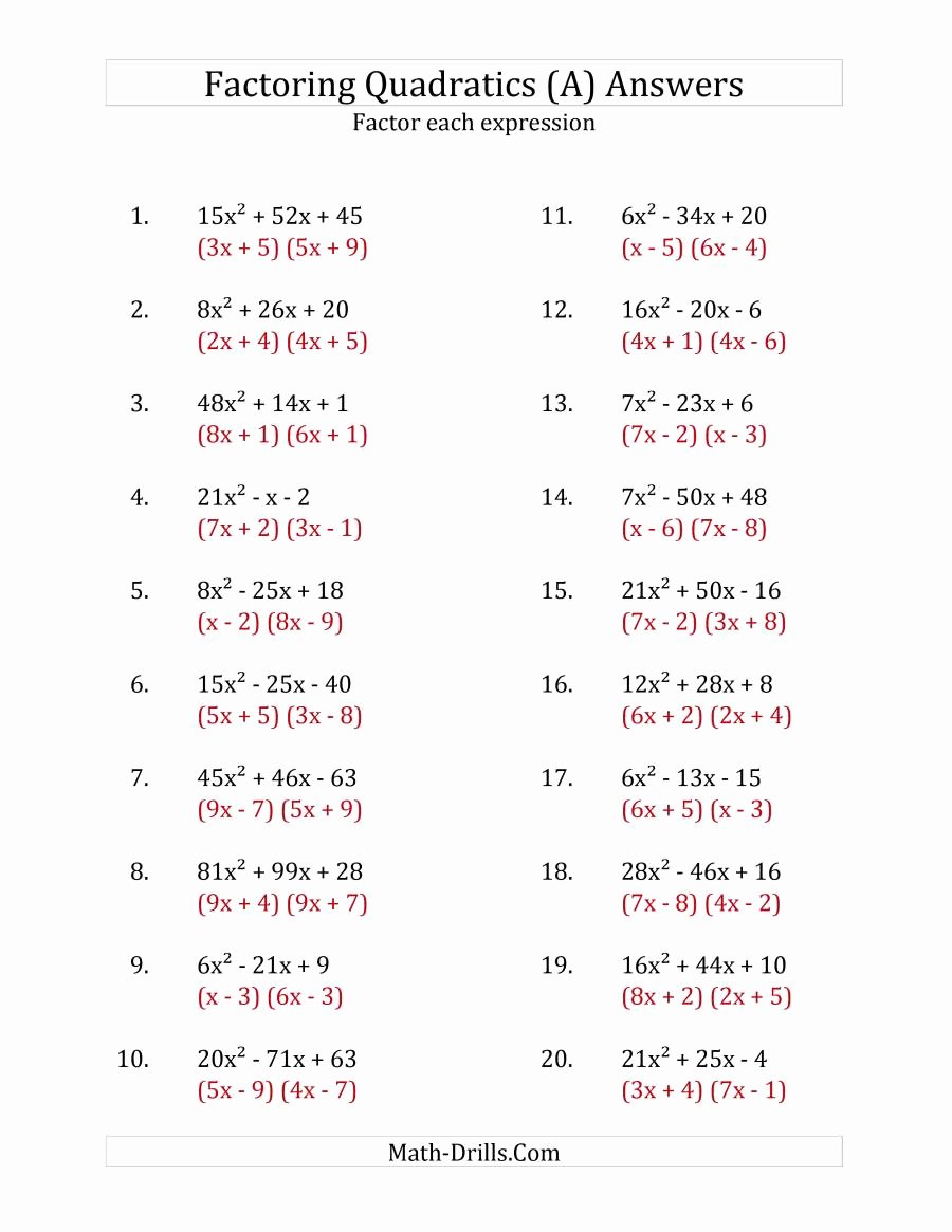 Algebra 2 Factoring Worksheet New Factoring Quadratic Expressions with A Coefficients Up