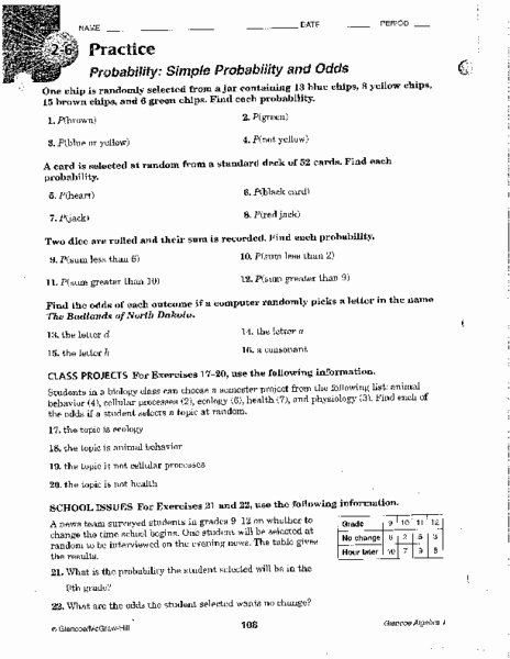 Algebra 2 Probability Worksheet Awesome Lesson 2 6 Practice Probability Simple Probability and