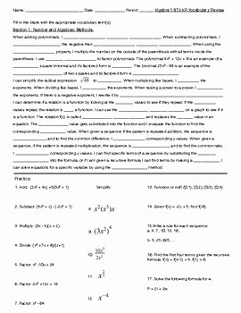 Algebra 2 Review Worksheet Unique Algebra 1 Staar Vocabulary Review with Practice Problems
