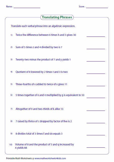 Algebra 2 Word Problems Worksheet Beautiful Translating Phrases Into Algebraic Expressions Worksheets