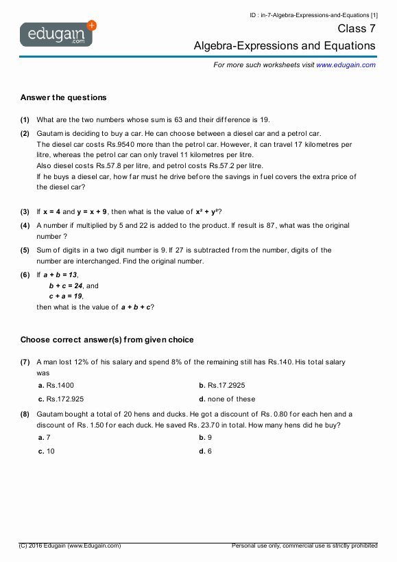 Algebra Word Problems Worksheet Pdf Beautiful Grade 7 Math Worksheets and Problems Algebra Expressions