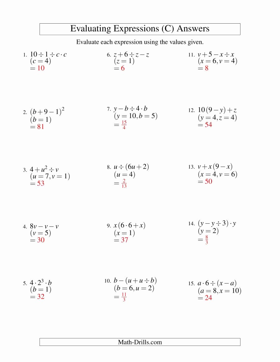 Algebraic Expressions Worksheet Pdf Beautiful Evaluating Three Step Algebraic Expressions with Two