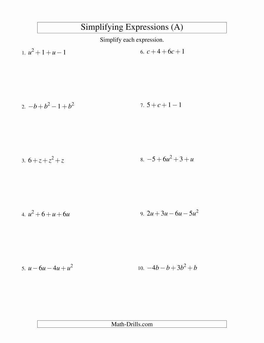 Algebraic Expressions Worksheet Pdf Fresh Simplifying Algebraic Expressions with E Variable and
