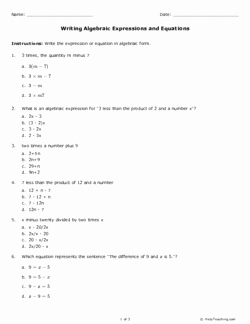Algebraic Expressions Worksheet Pdf Fresh Writing Algebraic Expressions and Equations Grade 9