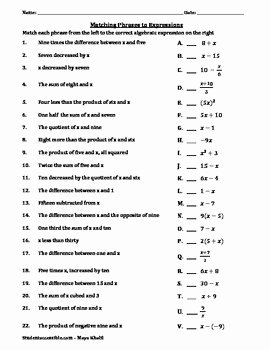 Algebraic Expressions Worksheet Pdf Lovely Matching Phrases to Algebraic Expressions Worksheet by