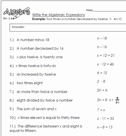 Algebraic Expressions Worksheet Pdf Lovely Translating Algebraic Expressions Worksheets Algebra