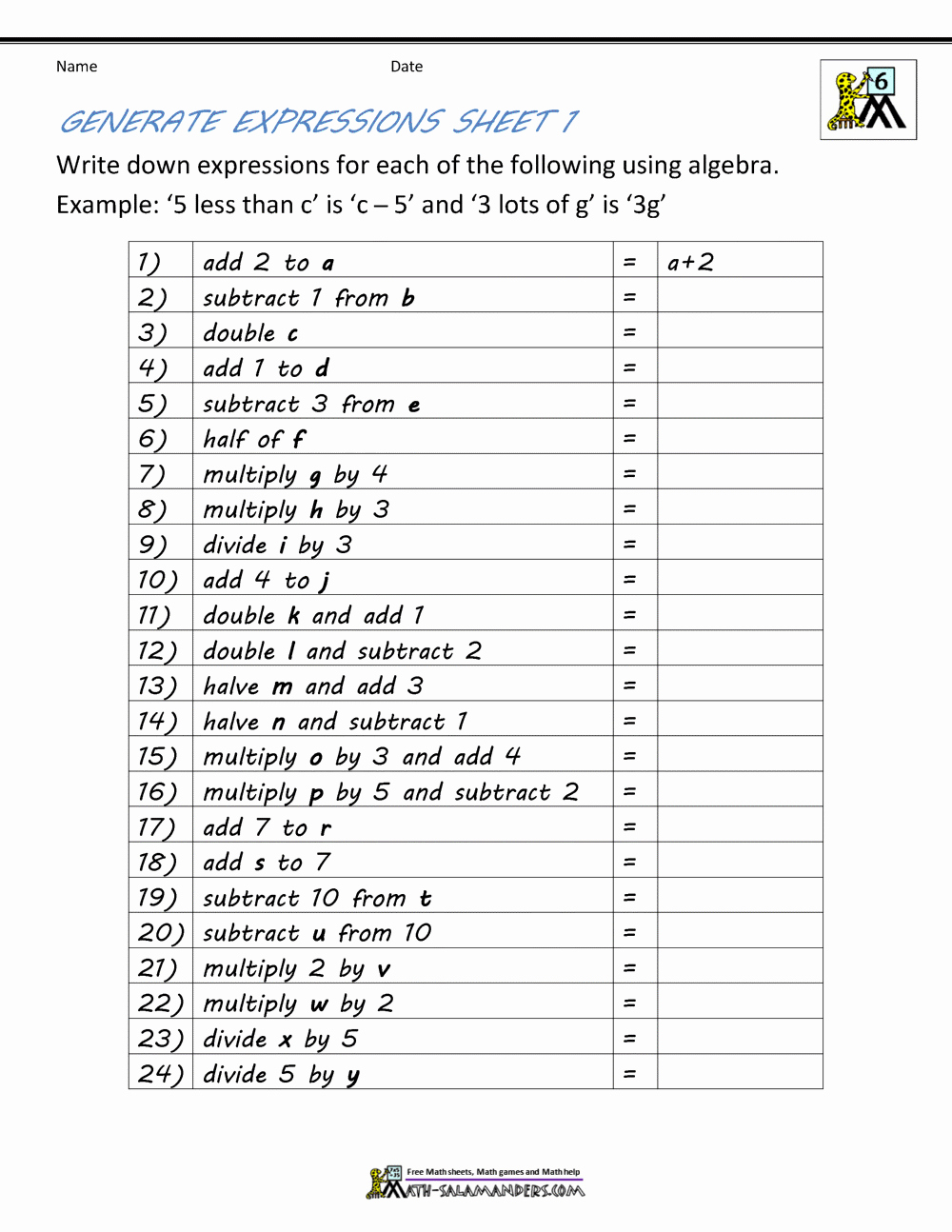 Algebraic Expressions Worksheet Pdf Unique Basic Algebra Worksheets