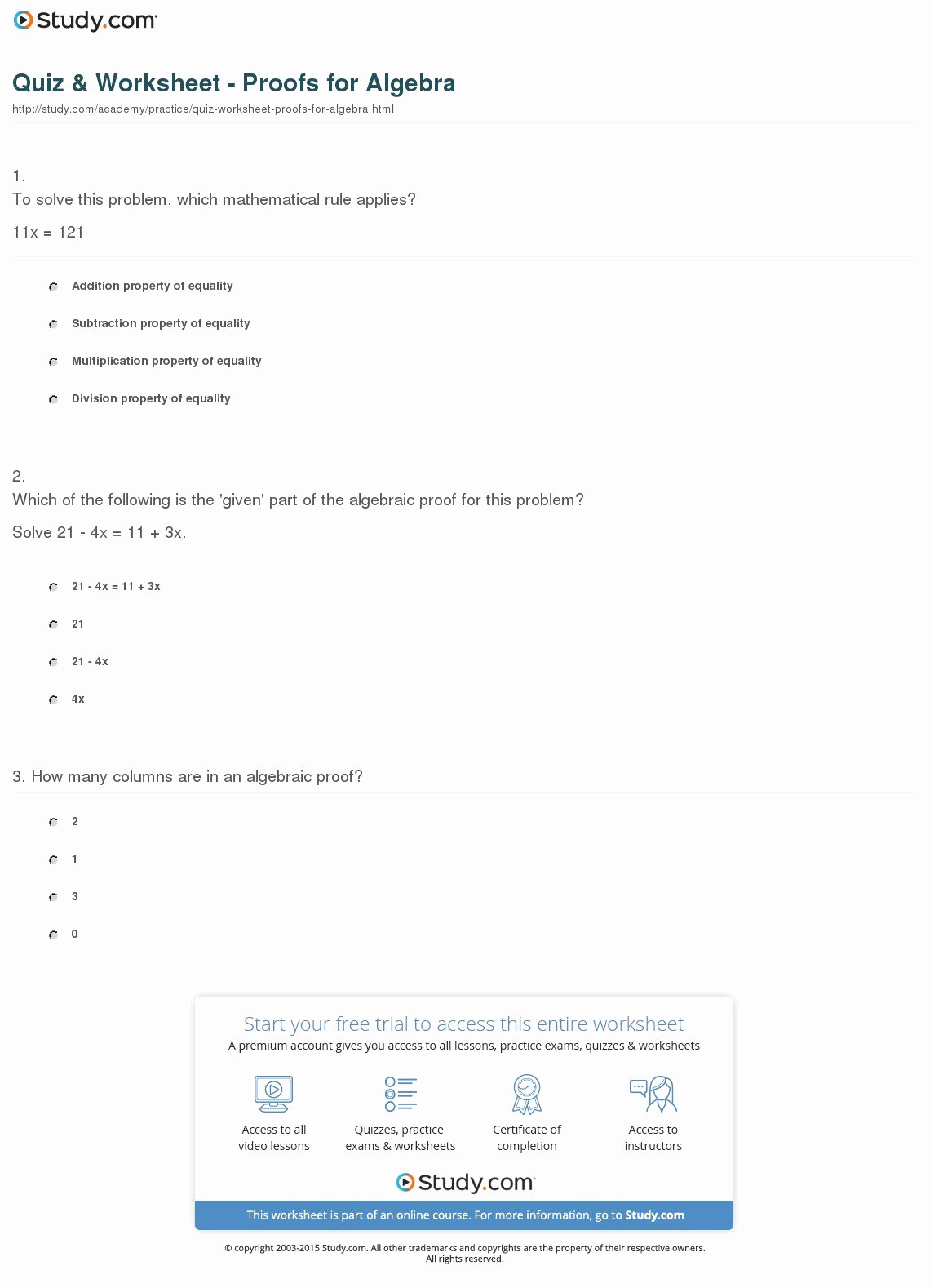 Algebraic Proofs Worksheet with Answers Best Of Quiz &amp; Worksheet Proofs for Algebra