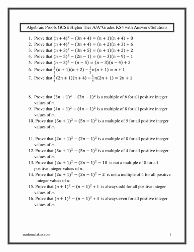 Algebraic Proofs Worksheet with Answers Unique Algebraic Proof Gcse Ks4higher A A with solutions by