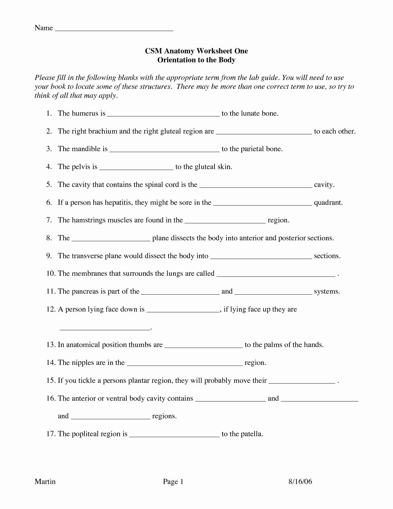 Anatomical Terms Worksheet Answers Luxury 17 Best Of Worksheets Human Anatomy Muscular