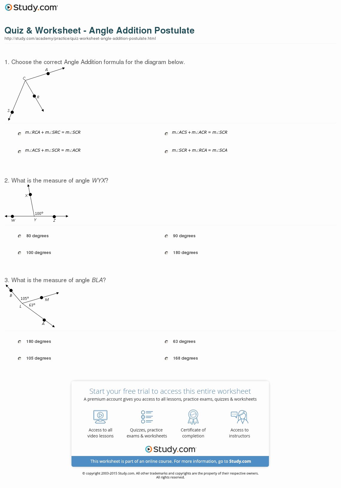 Angle Addition Postulate Worksheet Beautiful Quiz &amp; Worksheet Angle Addition Postulate