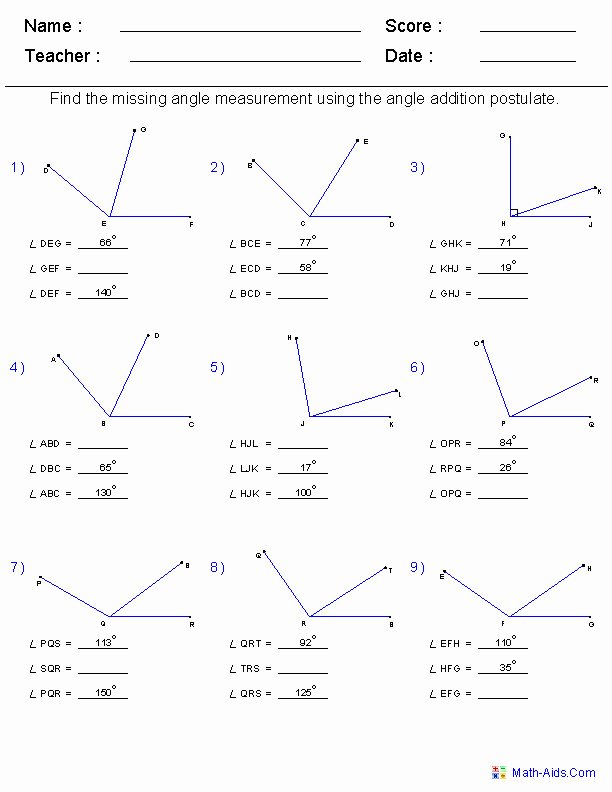 50 Angle Addition Postulate Worksheet