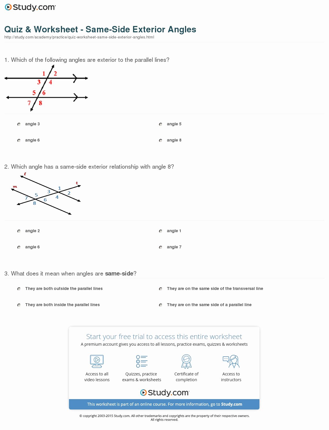 Angle Bisector theorem Worksheet Fresh Quiz &amp; Worksheet Same Side Exterior Angles