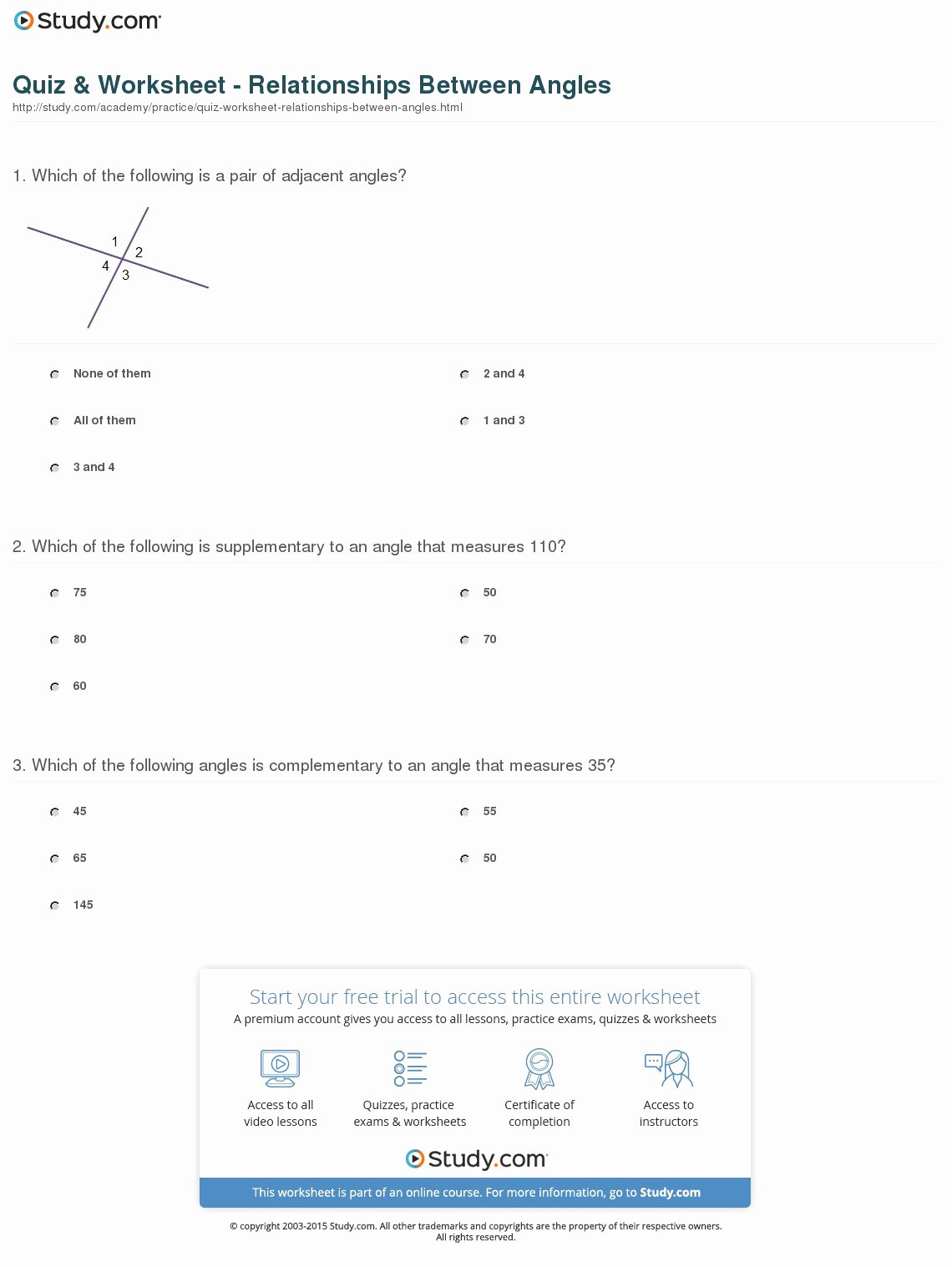 Angle Pair Relationships Practice Worksheet Fresh Quiz &amp; Worksheet Relationships Between Angles