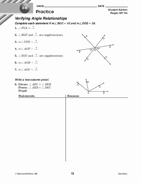 Angle Relationships Worksheet Answers Inspirational Verifying Angle Relationships Worksheet for 10th Grade