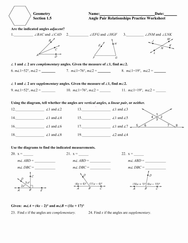 Angle Relationships Worksheet Answers Unique 1 5 Angle Pair Relationships Practice Worksheet Day 1 Jnt