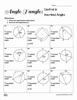 Angles In A Circle Worksheet Elegant Angle Tangle Central &amp; Inscribed Angles by Math Maniacs