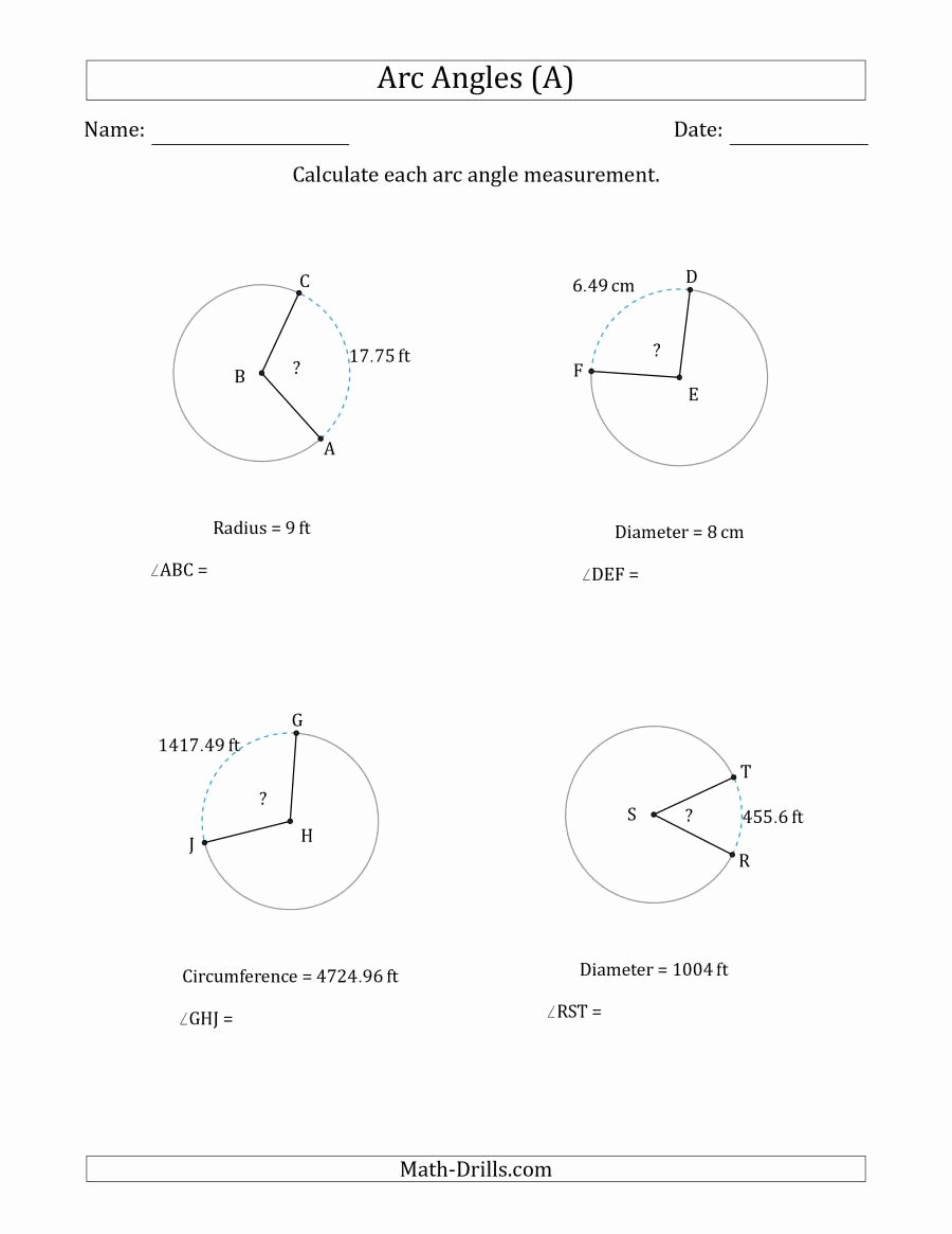 Angles In A Circle Worksheet Unique Calculating Circle Arc Angle Measurements From