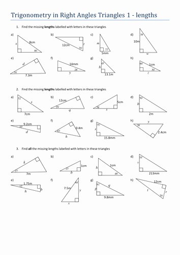Angles In A Triangle Worksheet Awesome Trigonometry In Right Angled Triangles Lengths by