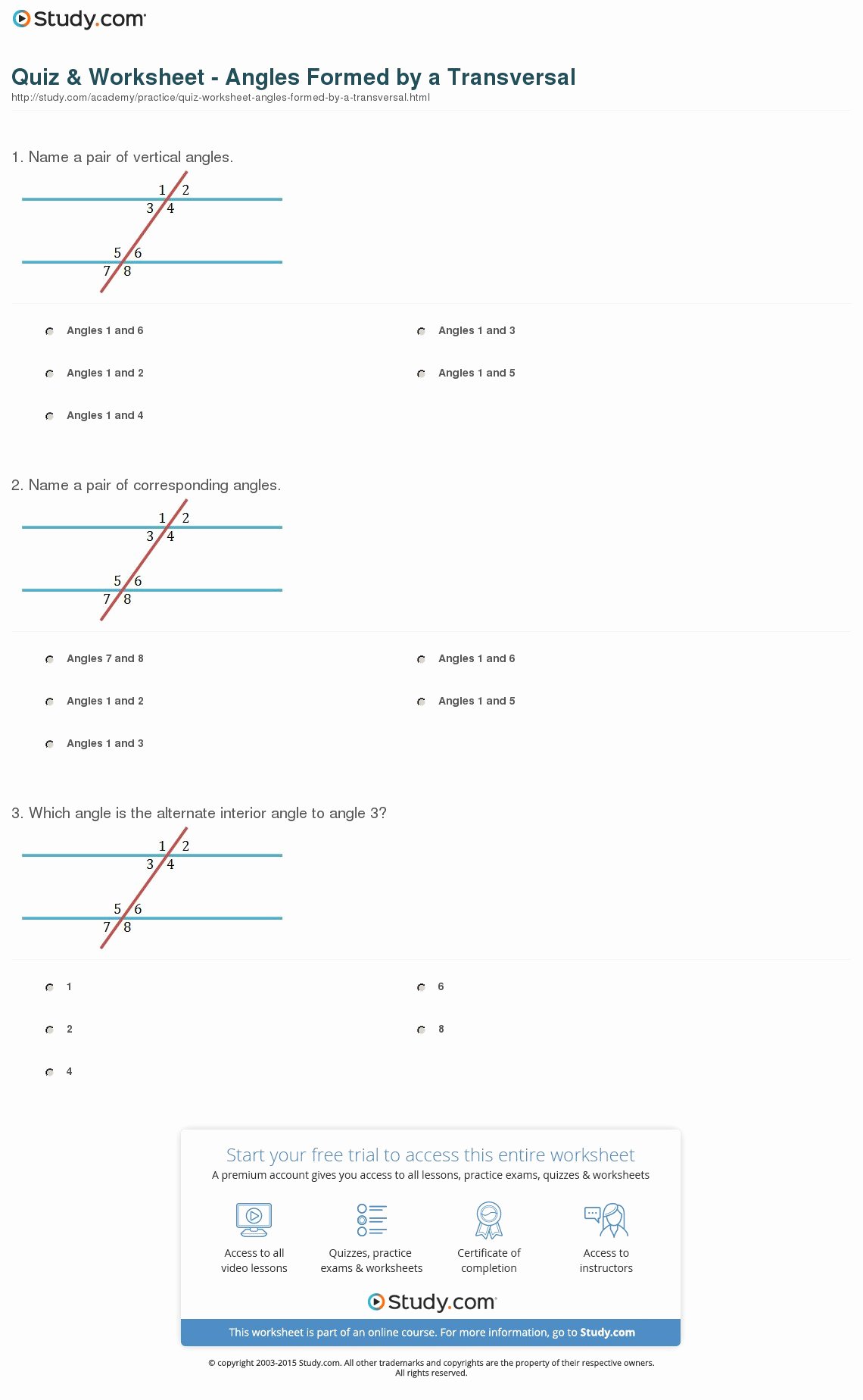 Angles In Transversal Worksheet Answers Beautiful Quiz &amp; Worksheet Angles formed by A Transversal