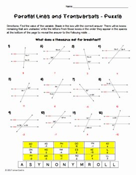 Angles In Transversal Worksheet Answers Elegant Parallel Lines and Transversals Puzzle Worksheet by Mrs