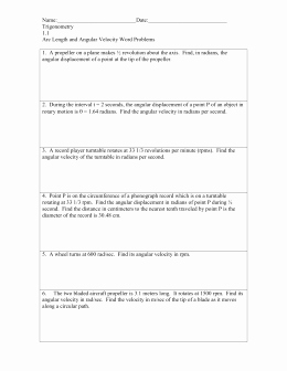 Angular and Linear Velocity Worksheet Inspirational Worksheet 1 1 Arc Length and Angular Velocity Word Problems