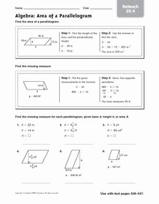 Area Of Parallelogram Worksheet Awesome Algebra area Of A Parallelogram Reteach 20 4 6th 8th