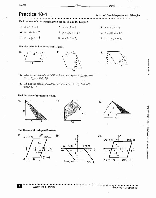 Area Of Parallelogram Worksheet Best Of Practice 10 1 areas Of Parallelograms and Triangles