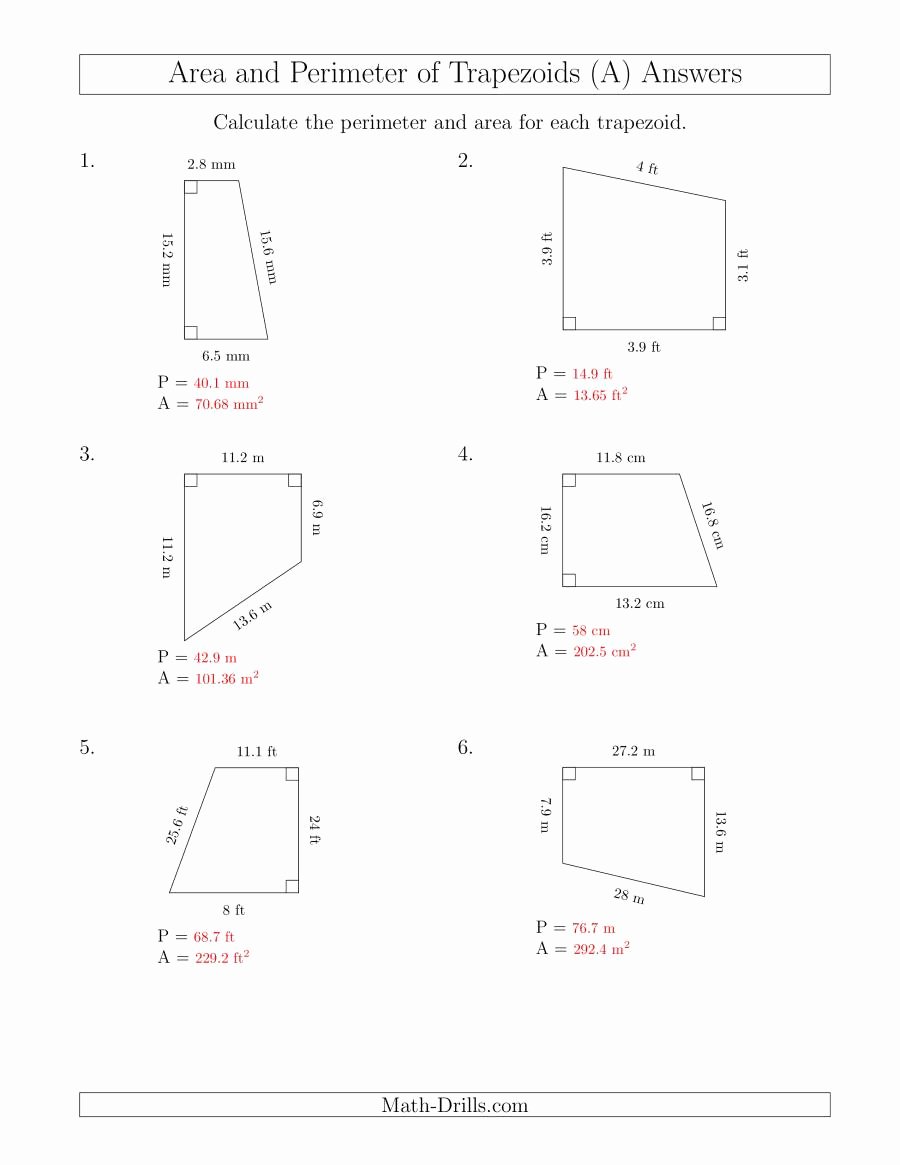 Area Of Trapezoid Worksheet Inspirational Calculating the Perimeter and area Of Right Trapezoids A