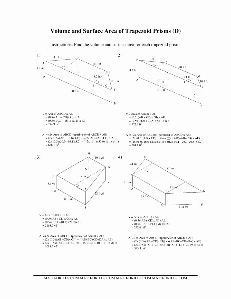Area Of Trapezoid Worksheet Luxury Volume and Surface area Of Trapezoid Prisms