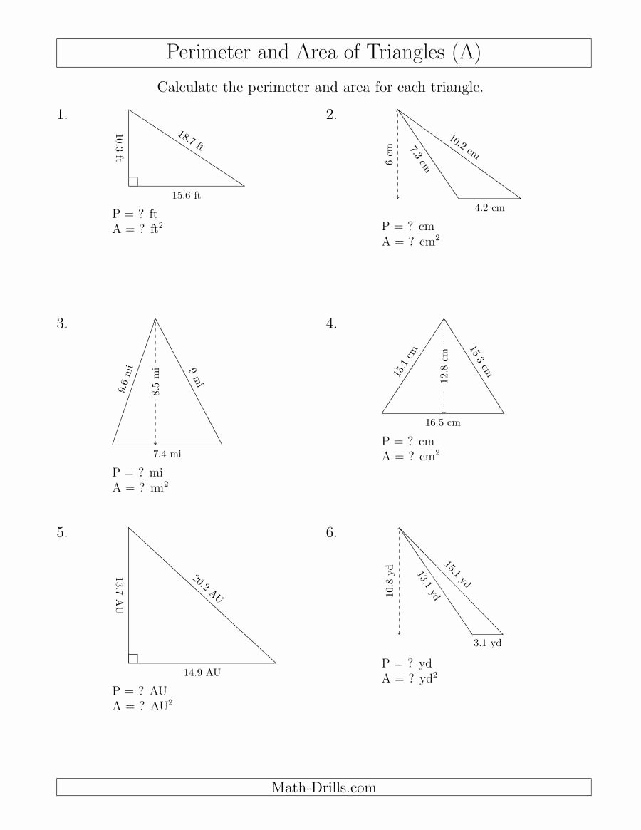 Area Of Triangles Worksheet Pdf Awesome Calculating the Perimeter and area Of Triangles A