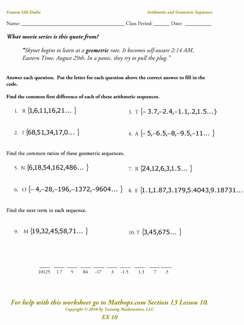 Arithmetic and Geometric Sequences Worksheet Luxury Ex 10 Arithmetic and Geometric Sequences Mathops