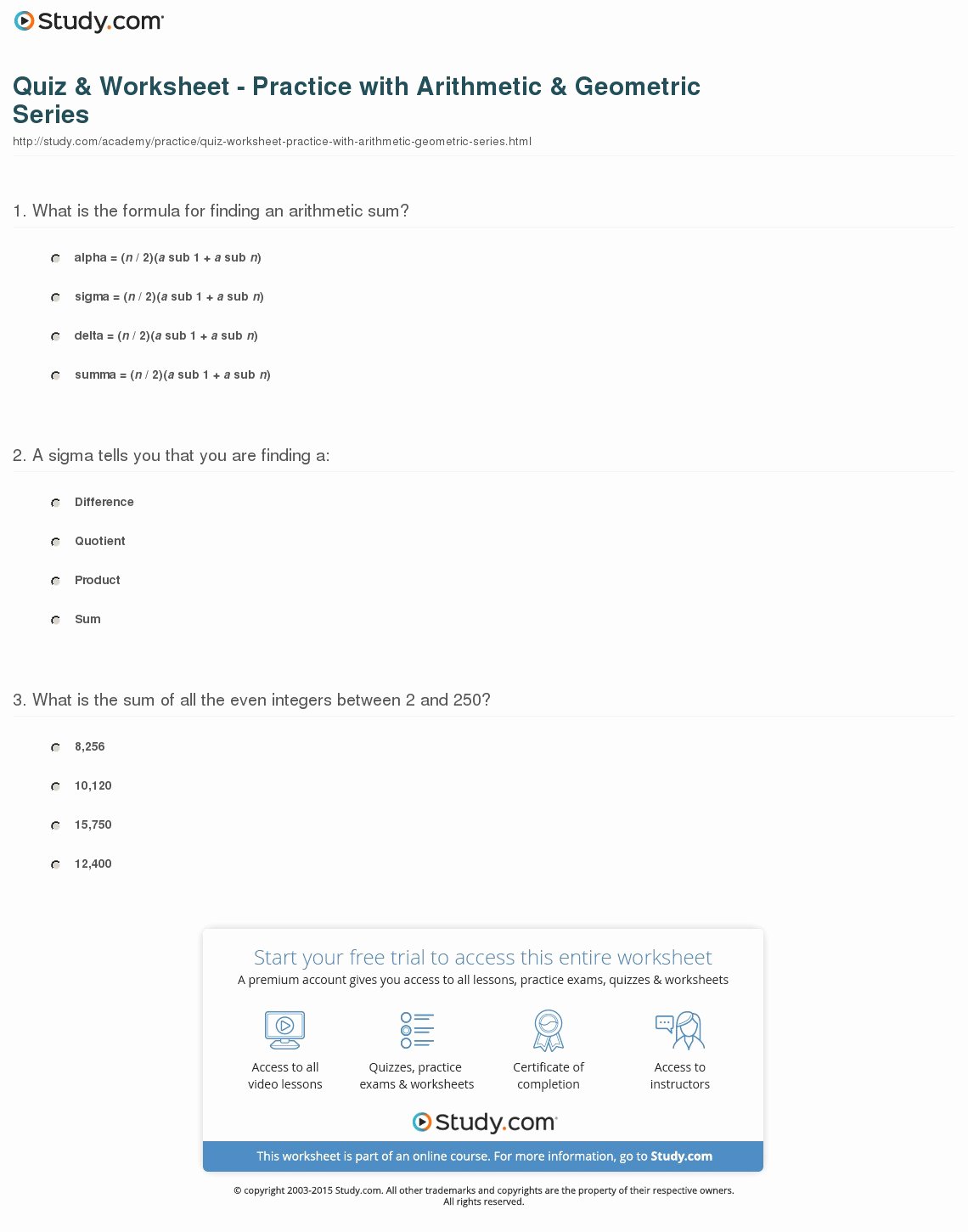 Arithmetic and Geometric Sequences Worksheet New Quiz &amp; Worksheet Practice with Arithmetic &amp; Geometric
