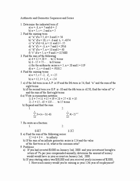 Arithmetic and Geometric Sequences Worksheet Unique Arithmetic and Geometric Sequences Worksheet for 11th