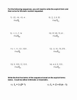 Arithmetic and Geometric Sequences Worksheet Unique Explicit form Of Arithmetic and Geometric Sequences