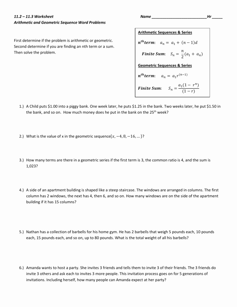 Arithmetic Sequence Worksheet Answers Inspirational Arithmetic and Geometric Sequences Word Problems Worksheet