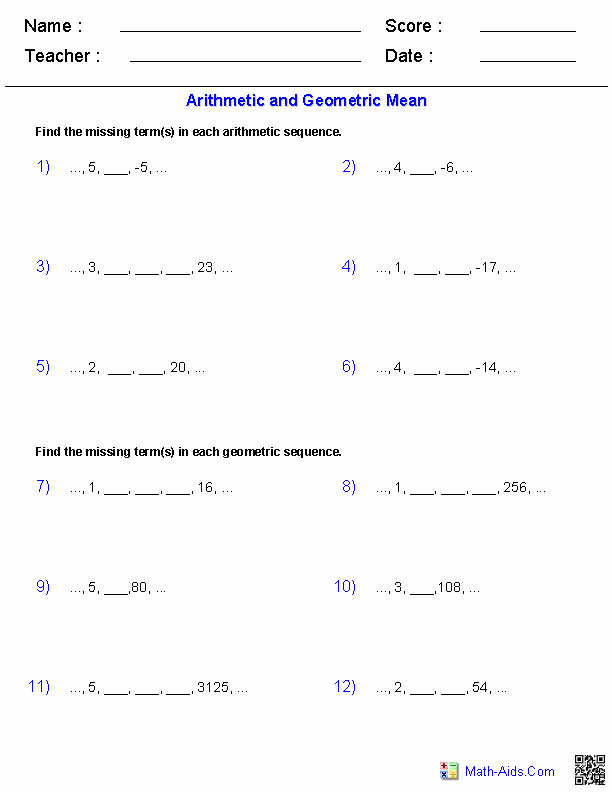 Arithmetic Sequences and Series Worksheet Fresh Arithmetic and Geometric Means with Sequences Worksheets