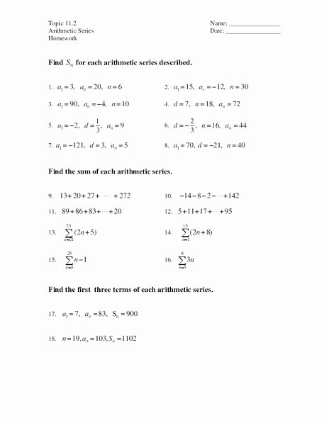 Arithmetic Sequences and Series Worksheet Unique Arithmetic Series Worksheet for 9th 10th Grade