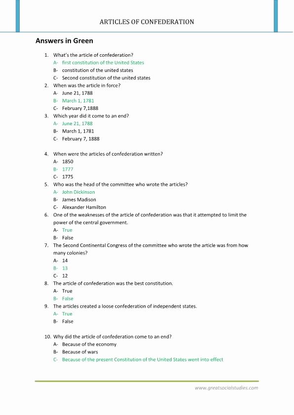 Articles Of Confederation Worksheet Answers New Articles Of the Confederation Summary Articles Of