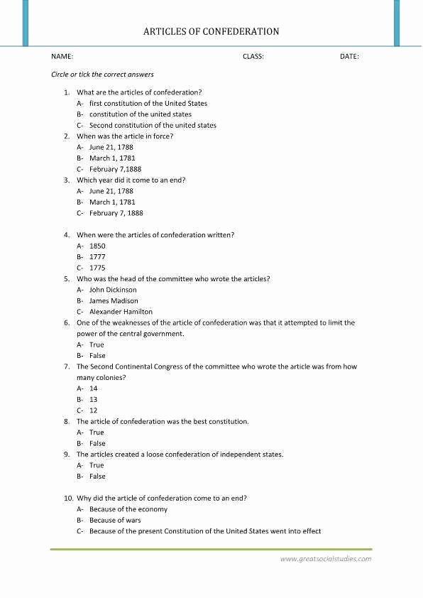 Articles Of Confederation Worksheet Answers Unique Articles Confederation Worksheet