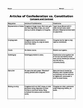 Articles Of Confederation Worksheet Awesome Articles Of Confederation Vs Constitution Answer Key