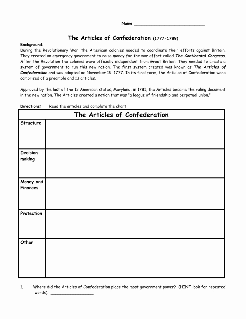 50 Articles Of Confederation Worksheet