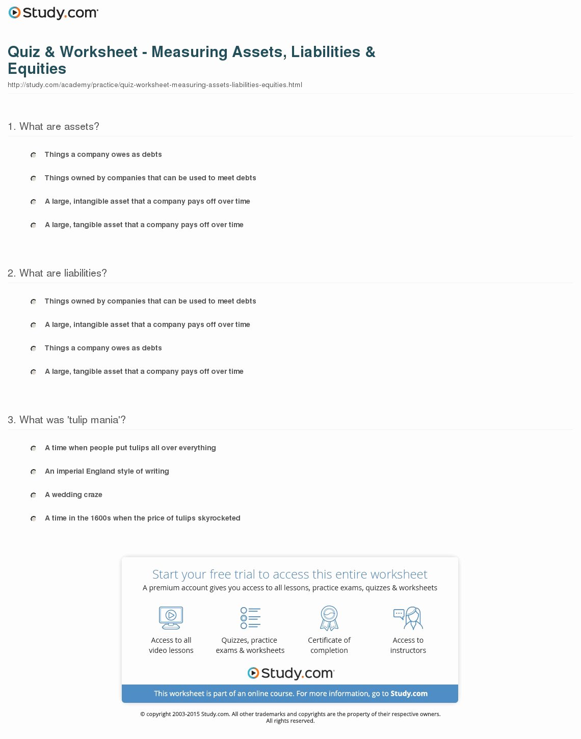 Assets and Liabilities Worksheet Fresh Quiz &amp; Worksheet Measuring assets Liabilities