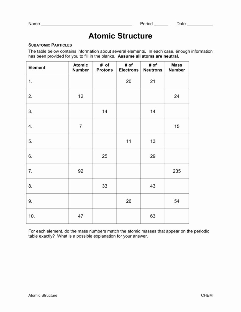 Atomic Structure Practice Worksheet Answers Awesome Subatomicparticlepractice