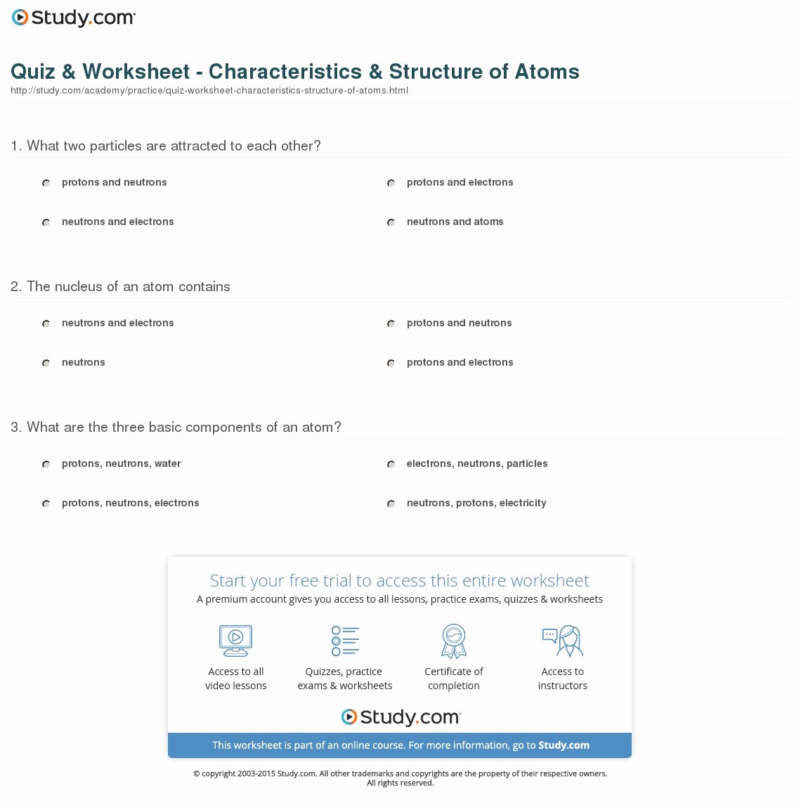 Atomic Structure Practice Worksheet Answers Lovely Quiz &amp; Worksheet Characteristics &amp; Structure Of atoms