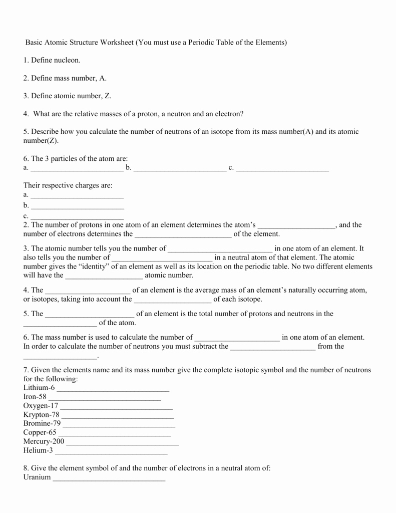 Atomic Structure Worksheet Answers Chemistry Lovely Basic atomic Structure Worksheets Answers