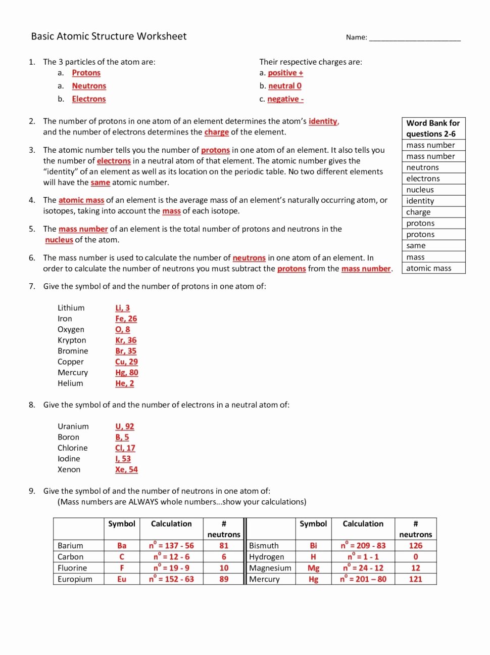 Atomic Structure Worksheet Answers Key Awesome Basic atomic Structure Worksheet Answer Key Chart