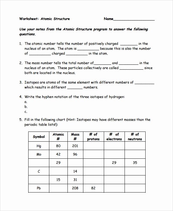 Atomic Structure Worksheet Chemistry New Sample atomic Structure Worksheet 7 Documents In Word Pdf