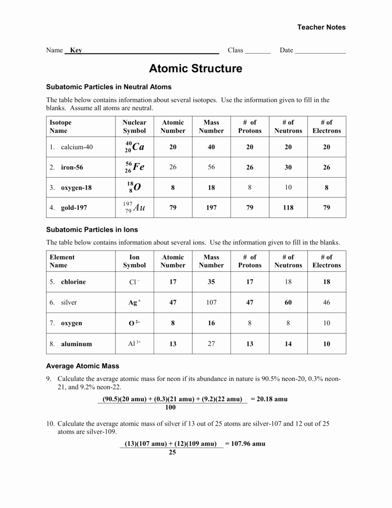 Atomic Structure Worksheet Chemistry Unique atomic Structure Worksheet 1 Answer Key