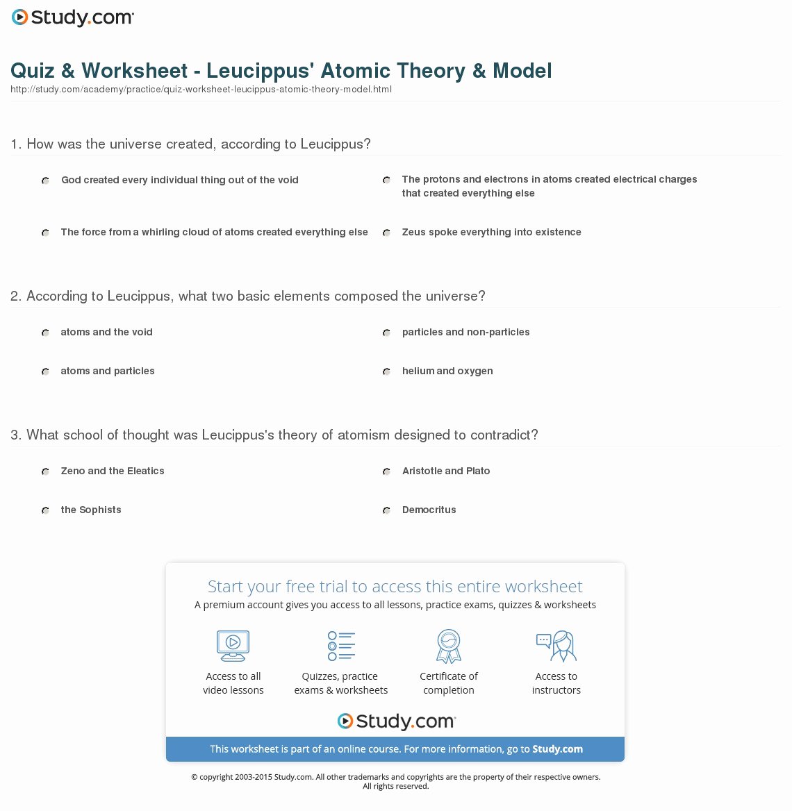 Atomic theory Worksheet Answers Luxury Quiz &amp; Worksheet Leucippus atomic theory &amp; Model